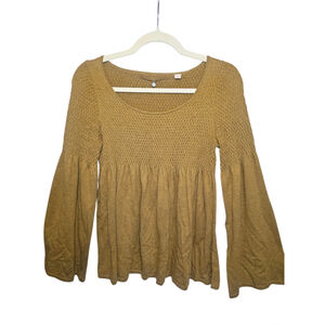 Anthropologie Knitted & Knotted Esme Bell Sleeve Smocked Sweater Mustard M EUC
